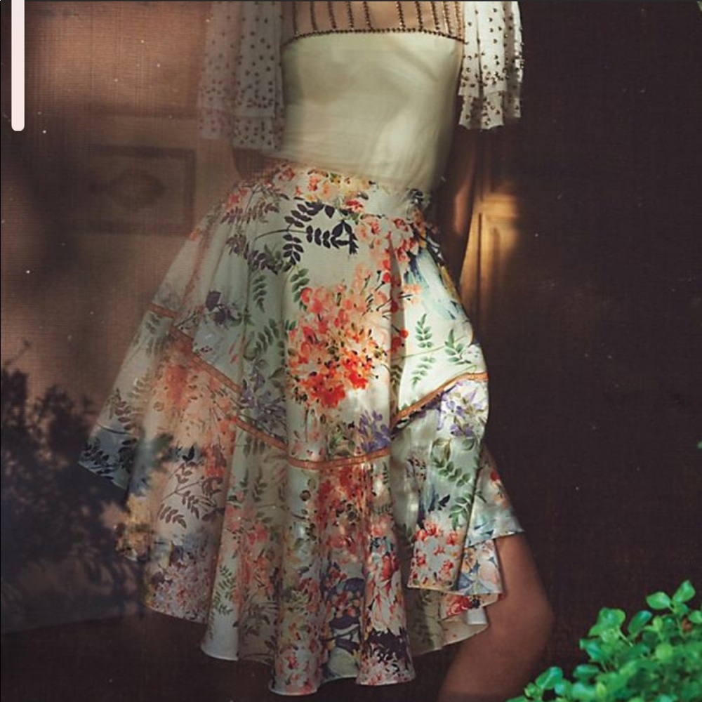 Anthropologie Floral A-Line Tiered Skirt in Mint, Coral, Green